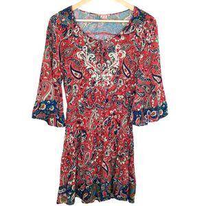FLYING TOMATO Red Paisley Boho Embroidered Mini Dress Tunic Small Boho
